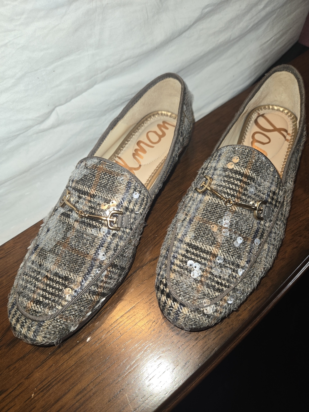 Sam Edelman Loraine Loafers Women’s 7 Plaid Sequin Horsebit Flats Gold